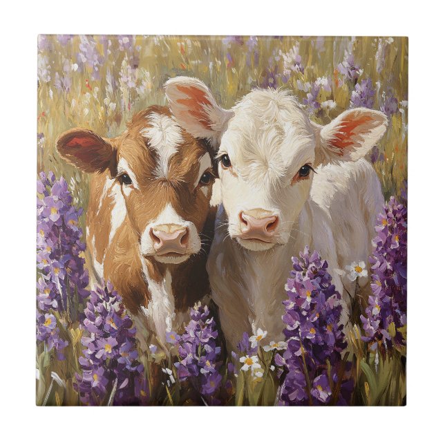 Cute Dairy Cow Calves Lupine Flowers Tile (Front)