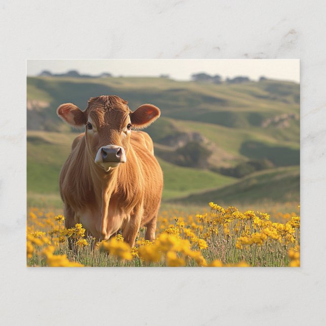 Cute Dairy Cow Yellow Wildflowers Postcard (Front)