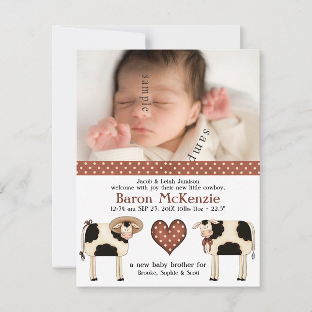 Cute Dairy Cows New Baby BOY with birth photo Announcement (Front)