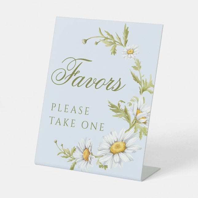 Cute Daisies Floral Blue Baby Shower Favors Pedestal Sign (Front)