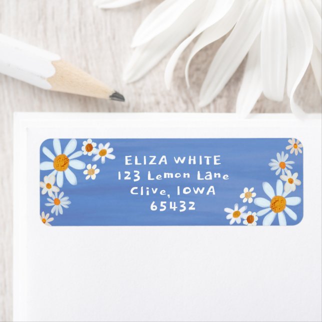 Cute Daisies Gouache Custom Blue Return Address (Insitu)