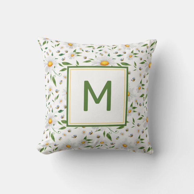 Cute Daisy and Bee Monogram Floral Pattern Cushion (Front)