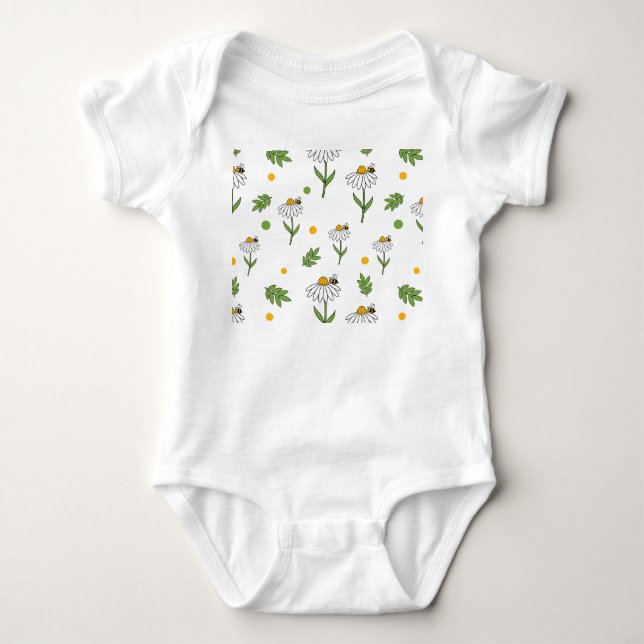 Cute Daisy and Bee Seamless Pattern Baby Bodysuit (Front)