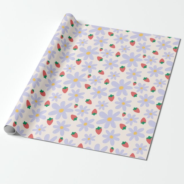 Cute Daisy and Strawberry Pattern Wrapping Paper (Unrolled)