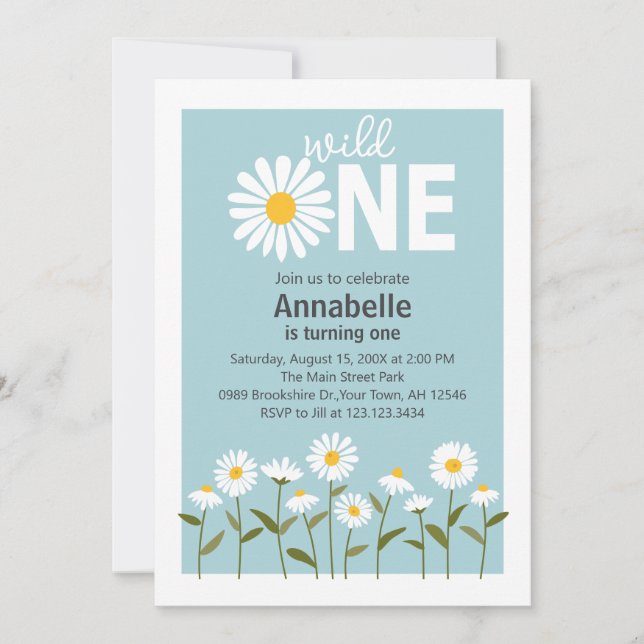 Cute Daisy Birthday Invitation on Blue (Front)
