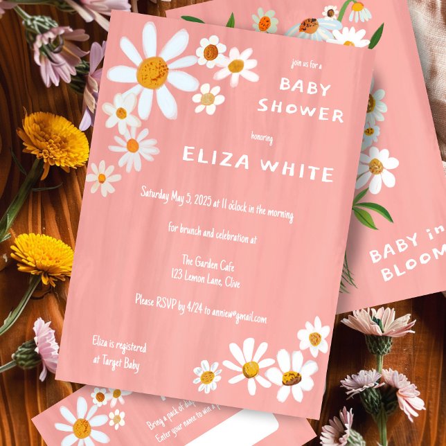 Cute Daisy Bouquet Handpainted Custom Baby Shower  Invitation (Cute Daisy Bouquet Handpainted Custom Baby Shower Invitation Pink Baby Girl Baby in Bloom Floral)