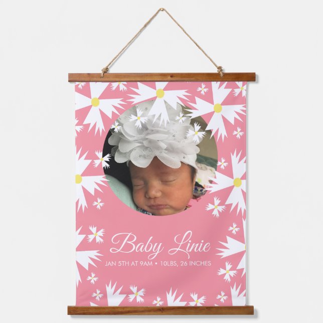 Cute Daisy Florals Border Photo Baby Announcement  Hanging Tapestry (Front)