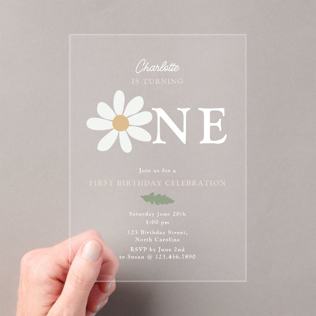 Cute Daisy Flower 1st Birthday Girl Pink Acrylic Invitations (Insitu (Handheld))