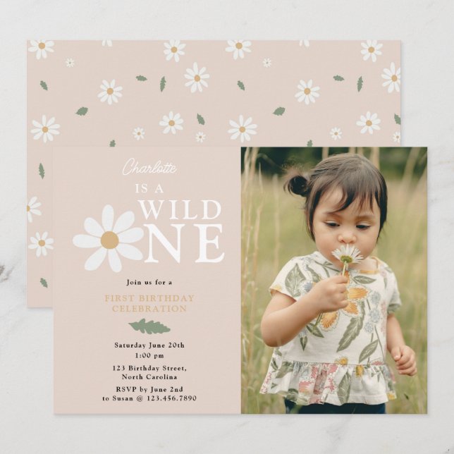 Cute Daisy Flower 1st Birthday Girl Wild One Photo Invitation (Front/Back)
