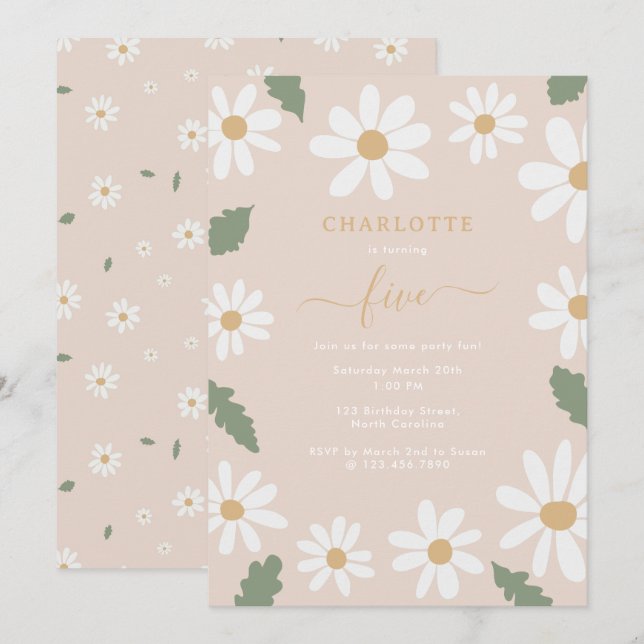 Cute Daisy Flower Birthday Party Girl Pink Invitation (Front/Back)