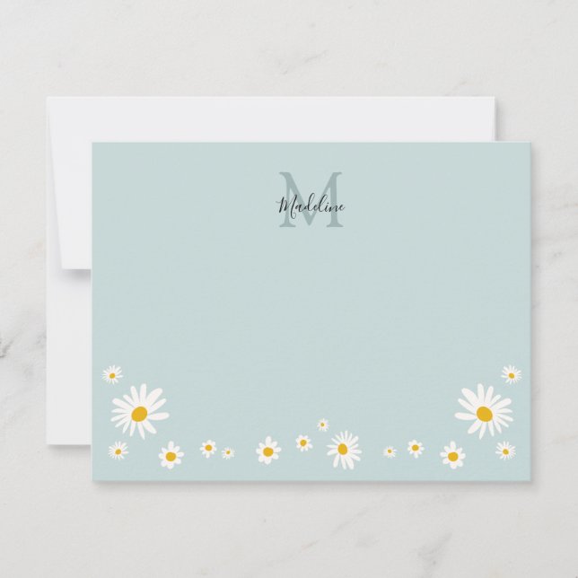 Cute Daisy Flower Modern Teal Monogram Card (Front)