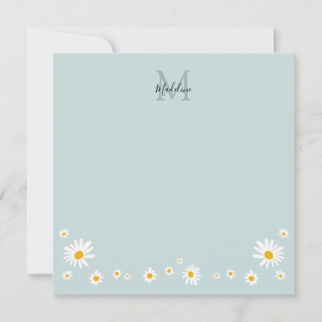 Cute Daisy Flower Modern Teal Monogram Square Card (Front)