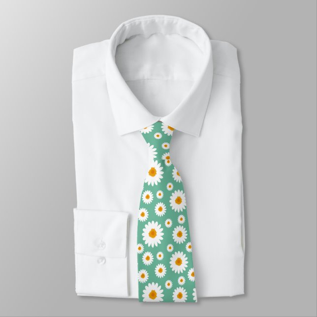 Cute Daisy Flower Pattern On A Green Tie (Tied)