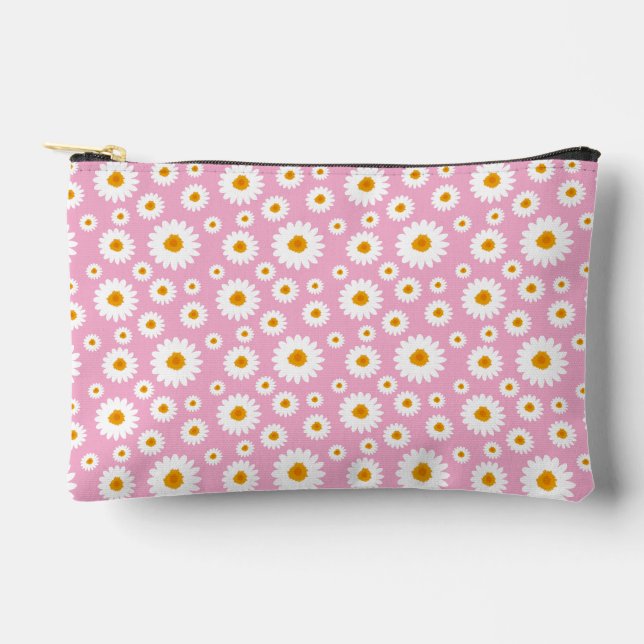 Cute Daisy Flower Pattern On A Pink Accessory Pouch (Front)