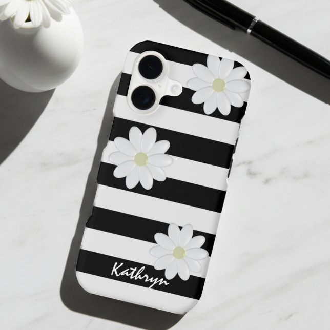Cute Daisy Flowers Name Black and White Stripe (Love minimalist design? This black & white daisy and stripe case is a chic statement.)