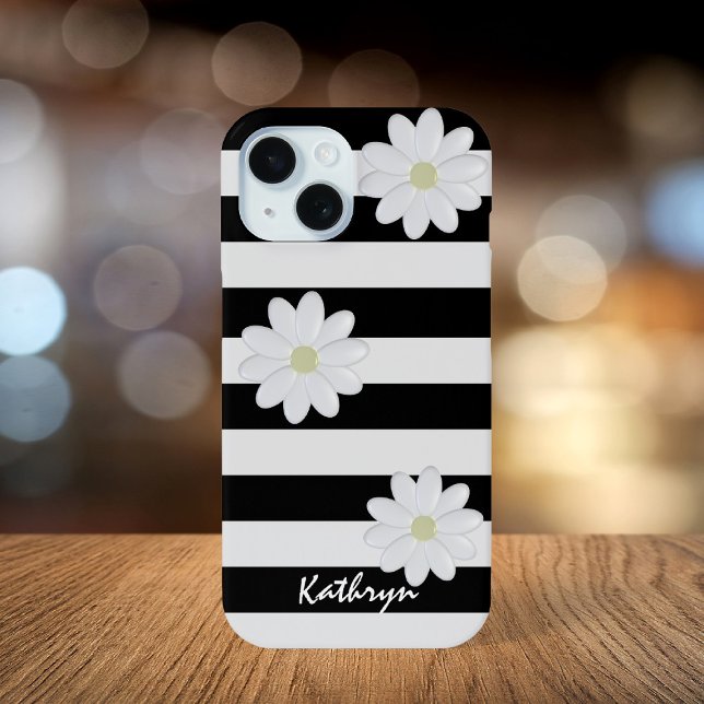 Cute Daisy Flowers Name Black and White Stripe Case-Mate iPhone Case (Cute black and white striped phone case with daisies and space for your name)