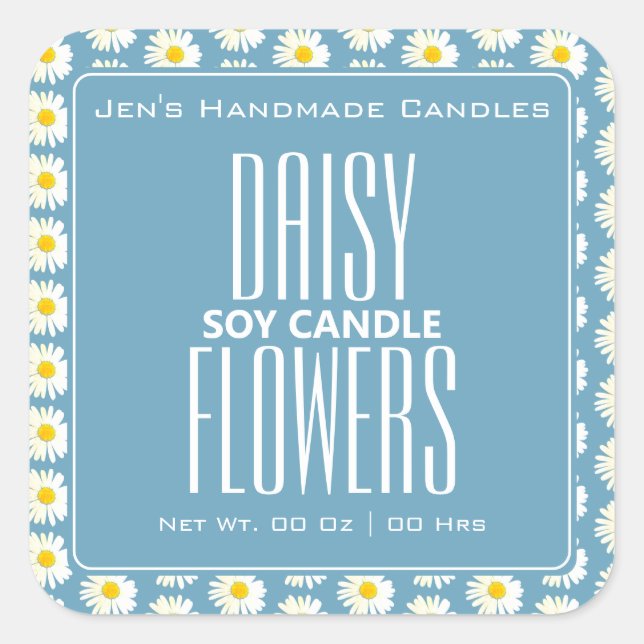 Cute Daisy Flowers Pattern Pastel Blue Candles Square Sticker (Front)