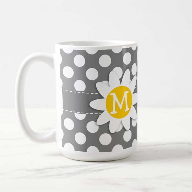 Cute Daisy on Dark Grey Polka Dots Coffee Mug (Left)