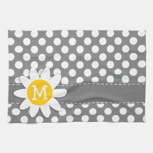 Cute Daisy on Dark Grey Polka Dots Tea Towel