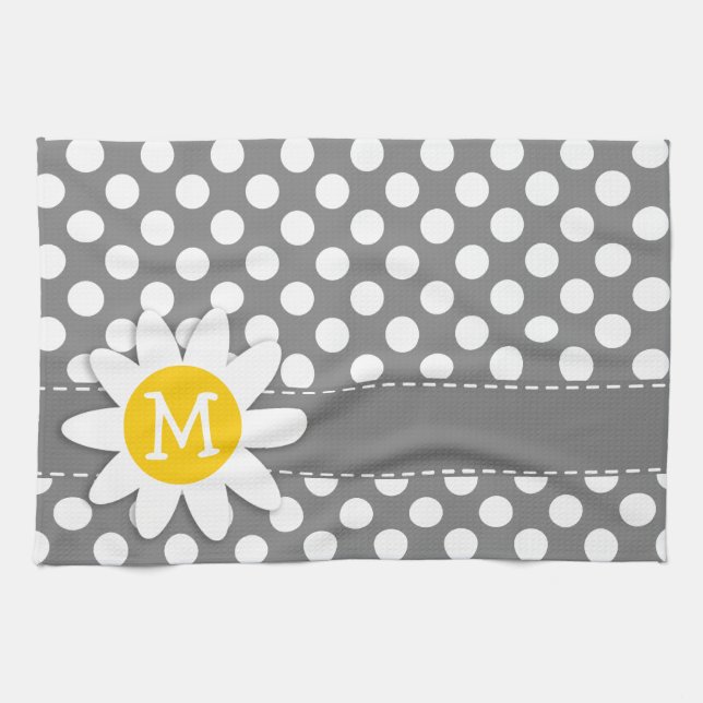 Cute Daisy on Dark Grey Polka Dots Tea Towel (Horizontal)