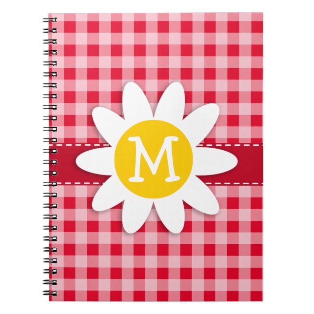 Cute Daisy on Retro Scarlet Red Gingham Pattern Spiral Notebook (Front)