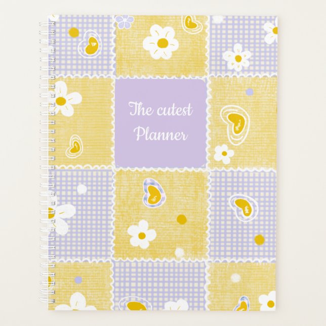 Cute Daisy Patchwork Aesthetic Gingham Personalize Planner (Front)