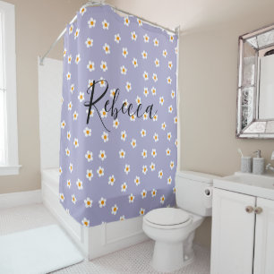 Cute Daisy Pattern Purple Personalised Script Name Shower Curtain