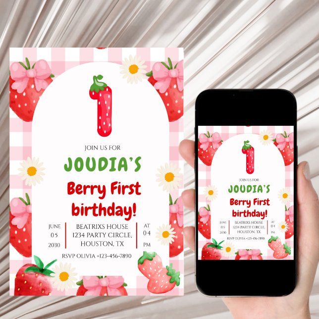 Cute Daisy Strawberries, Berry First Birthday  Invitation (Creator Uploaded)