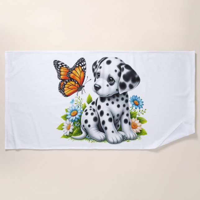 Cute Dalmatian/Butterfly friends Beach Towel (Front)