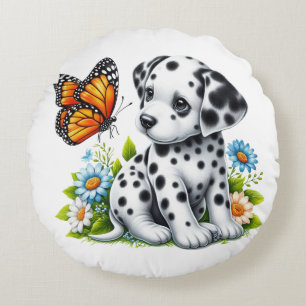 Cute Dalmatian/Butterfly friends Round Cushion