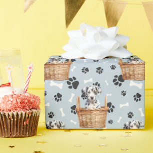 Cute Dalmatian Puppy in Basket Paw Print  Wrapping Paper