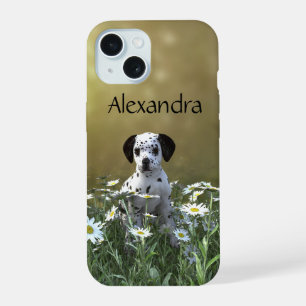 Cute Dalmatian Puppy in Daisies iPhone 15 Case