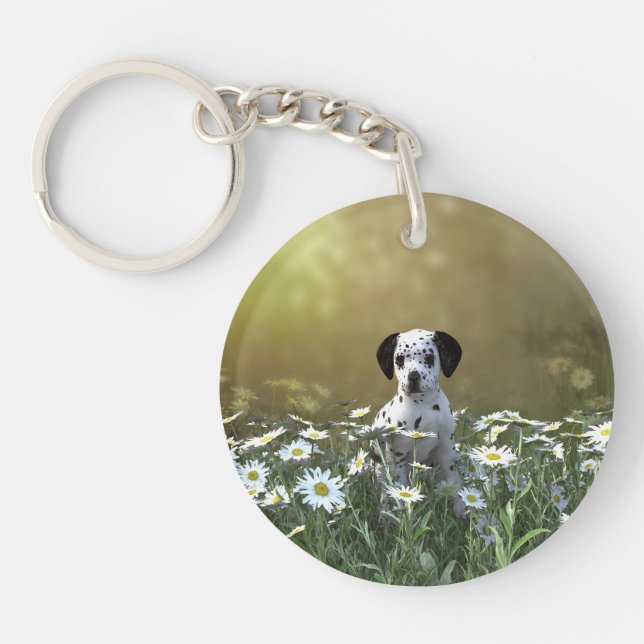 Cute Dalmatian Puppy in Daisies Key Ring (Front)
