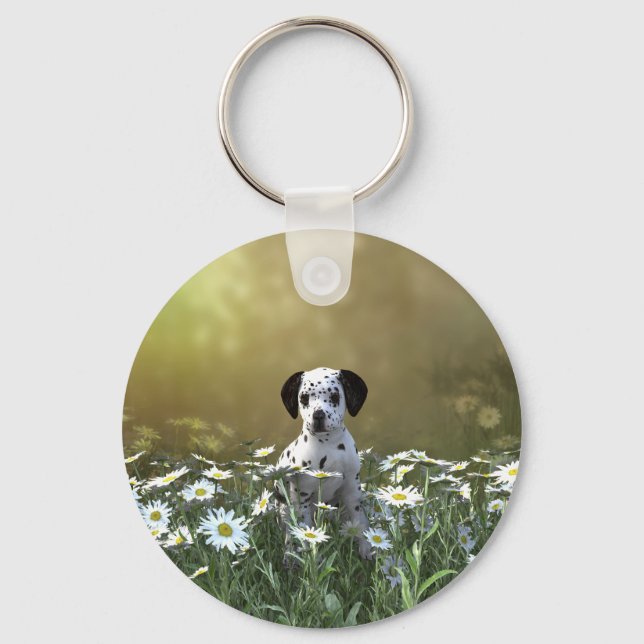 Cute Dalmatian Puppy in Daisies Key Ring (Front)