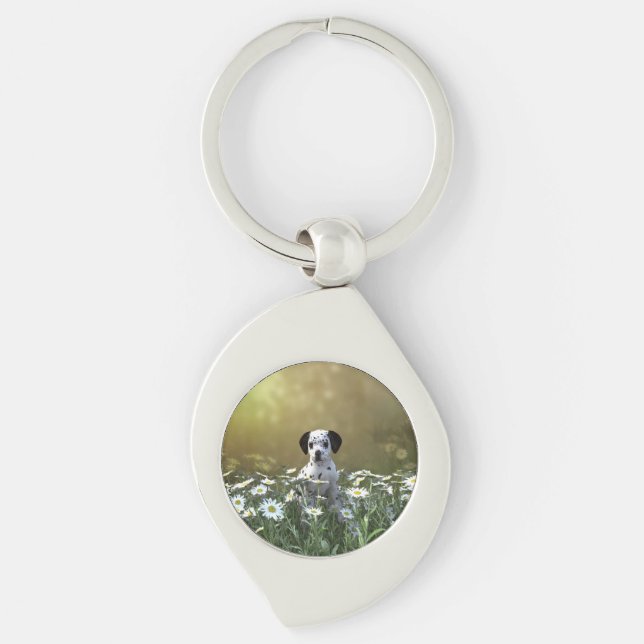 Cute Dalmatian Puppy in Daisies Key Ring (Front)