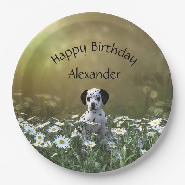 Cute Dalmatian Puppy in Daisies Paper Plate (Front)