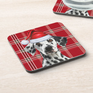 Cute Dalmatian Santa Dog Red Holiday Plaid Coaster