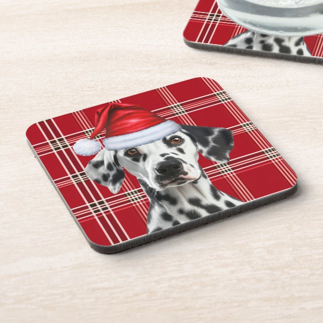 Cute Dalmatian Santa Dog Red Holiday Plaid Coaster (Left Side)