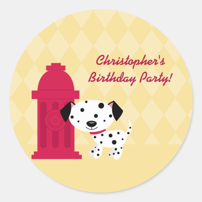 Cute dalmation doggie birthday party stickers (Front)