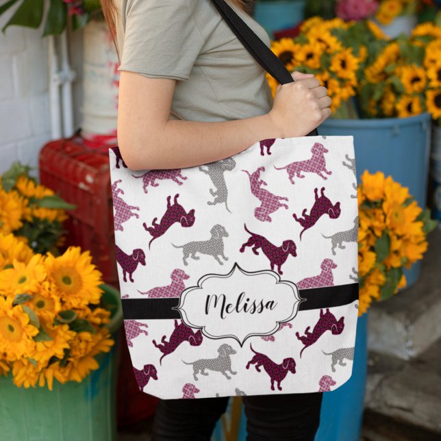Cute Damask Dachshunds Custom Name Tote Bag (Creator Uploaded)