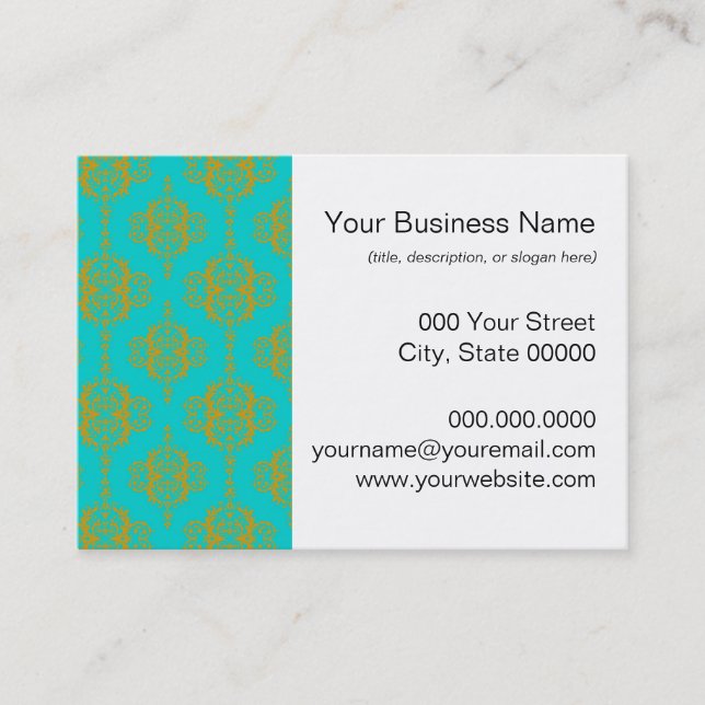 Cute Damask Pattern Gold over Turquoise Business Card (Front)