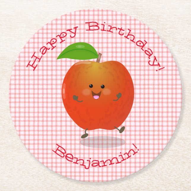 Cute dancing apple kawaii cartoon illustration round paper coaster (Front)