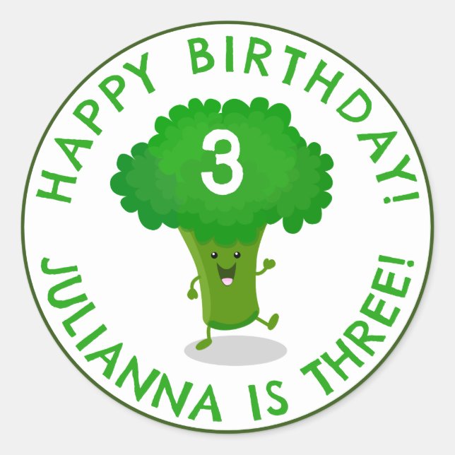 Cute dancing broccoli personalised birthday classic round sticker (Front)