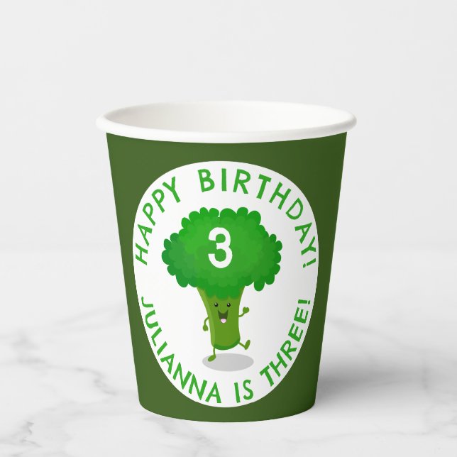 Cute dancing broccoli personalised birthday paper cups (Front)