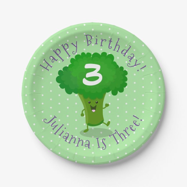 Cute dancing broccoli personalised birthday paper plate (Front)