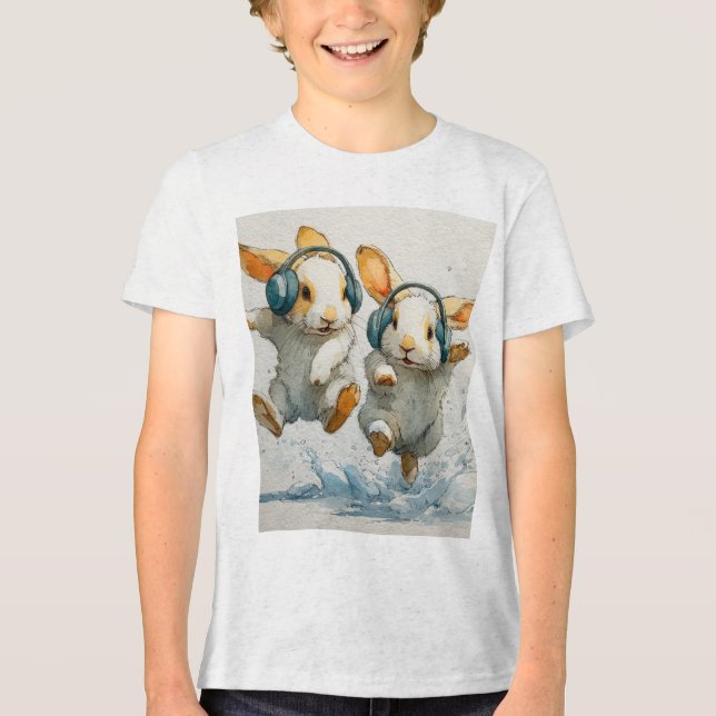 Cute Dancing Bunnies with Headphones Kids T-Shirt Tri-Blend Shirt (Front)