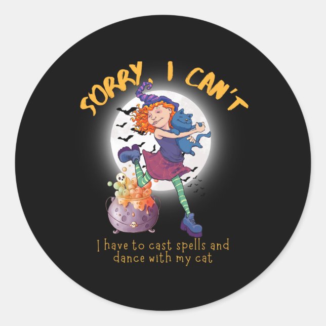 Cute Dancing Cat Witch Costume Halloween  Classic Round Sticker (Front)