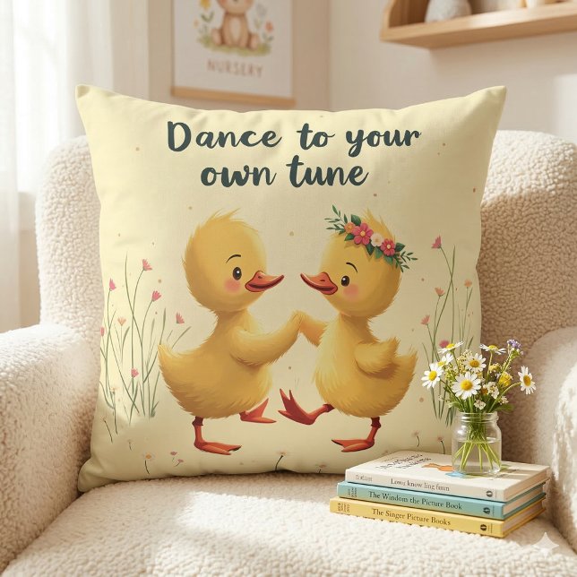 Cute Dancing Ducklings with Floral Spring Vibes Cushion (Cute Dancing Ducklings with Floral Spring Vibes Throw Pillow On Armchair)