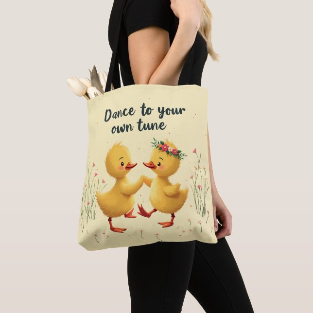 Cute Dancing Ducklings with Floral Spring Vibes Tote Bag (Close Up)