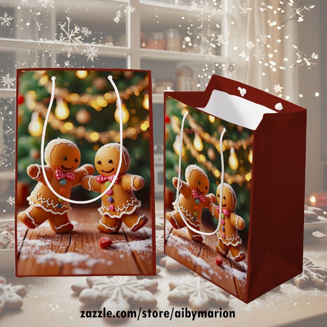 Cute Dancing Gingerbread Couple Christmas Holiday Medium Gift Bag (Creator Uploaded)